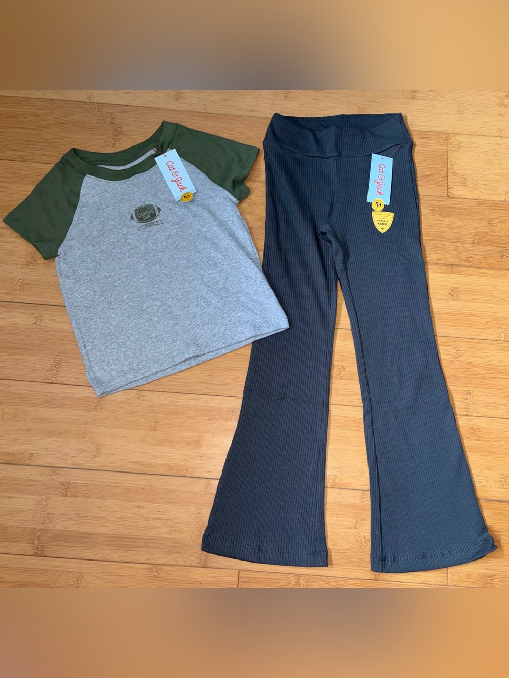 NWT Girl’s Size S 6-7 Outfit - Football Tee Top & Ribbed Flare Pants Set